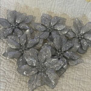 Silver Glitter Poinsettia Floral Metal  Ornaments (Set of 6)